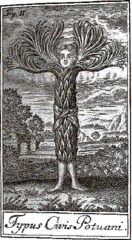 Engraving of a tree-person standing in the subterranean landscape.