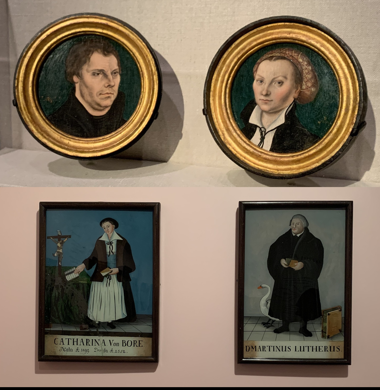 Martin Luther und Katharina von Bora, above by Lucas Cranach the elder 1525 (Metropolitan Museum New York), below by an unknown vernacular painter c. 1720 (Stadtmuseum Kaufbeuren). Cranach in his vast workshop had Luther and Bora painted hundreds of times establishing the image of the reformator for centuries to last.